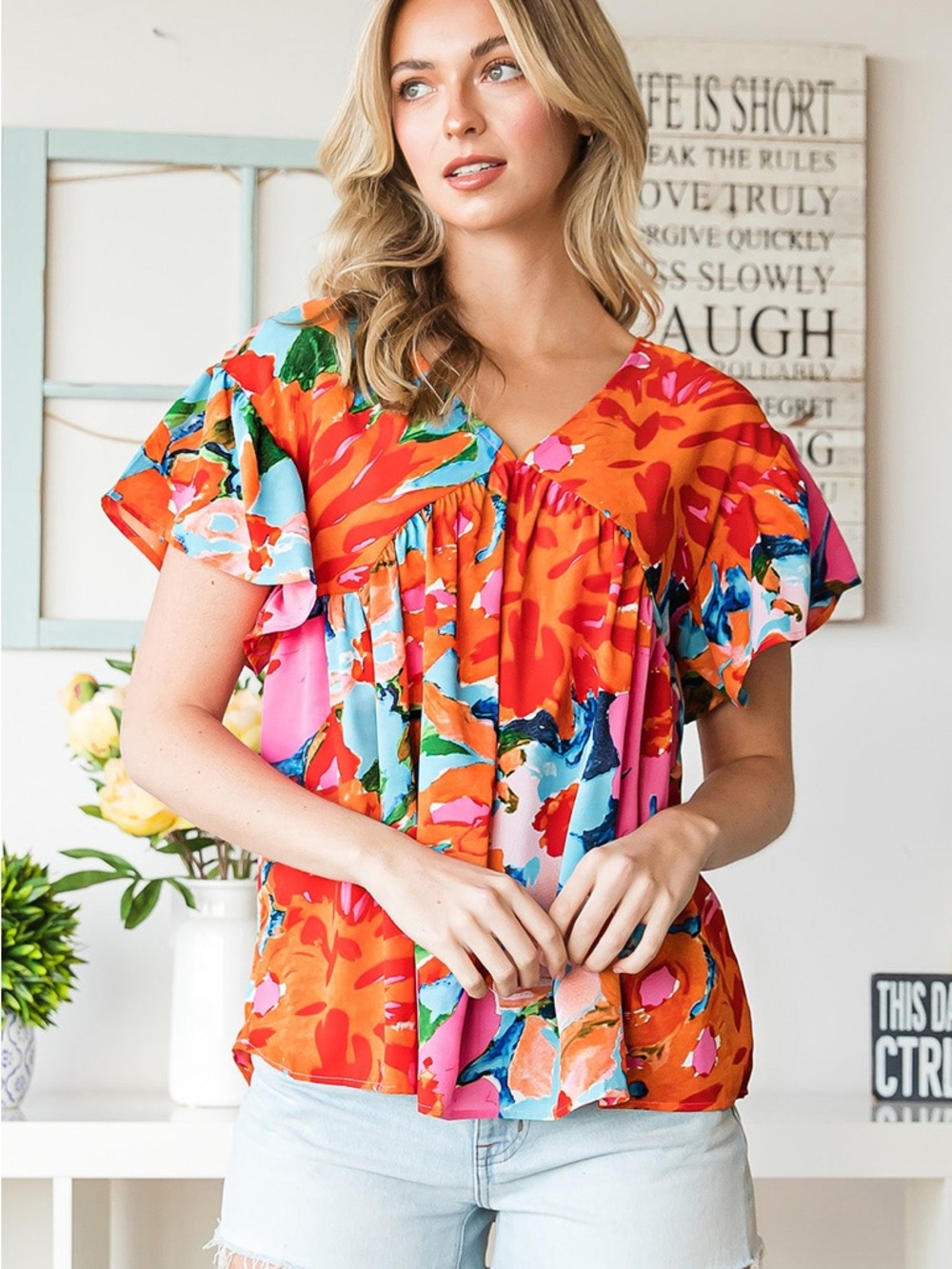 entro Multi-Color Floral V-Neck Flutter Sleeve Blouse (Orange, Pink, Blue)
